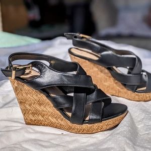 Black 4-in Sandal with Woven Platform Wedge